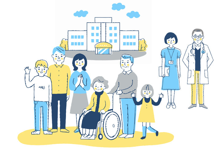 利用者のご家族に寄り添う看護師、医師のイラスト